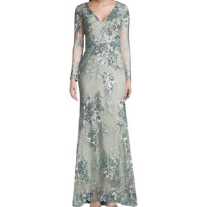 Mac Duggal Embellished V-Neck Illusion Long Sleeve Gown